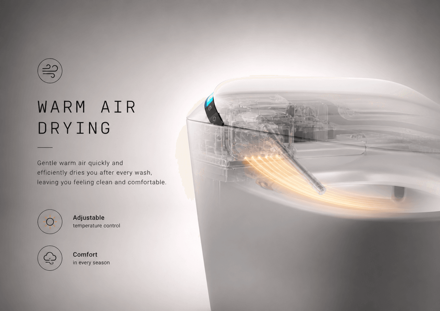 Warm air drying - built-in dryer, no tissue required